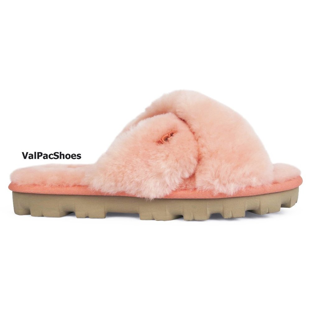 UGG Fuzzette Beverly Pink Criss Cross Strap Womens Fur Slippers